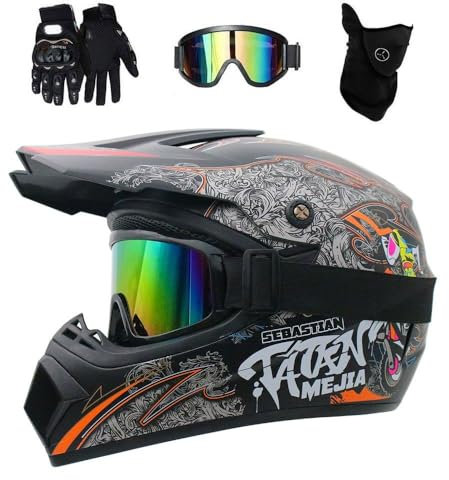 Volles Gesicht Motocross-Helm, mit Brille Handschuhe Maske, Jugend Männer Frauen Offroad Motorrad ATV Roller Helme, Bergab Enduro Dirt Bike MTB Absturz Helm(Matte Orange,XL/58-59CM)