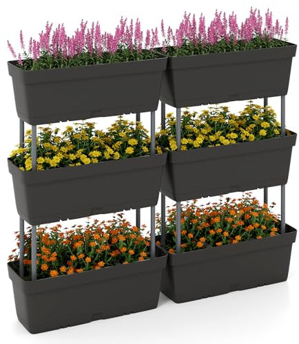 HOMASIS Set di 6 Vasi per Fiori, Fioriera Verticale da Esterno con Sistema di Drenaggio, Combinazione Libera, Aiuola Rialzata da Giardino in PP per Frutta, Erba, Vegetale (Nero)