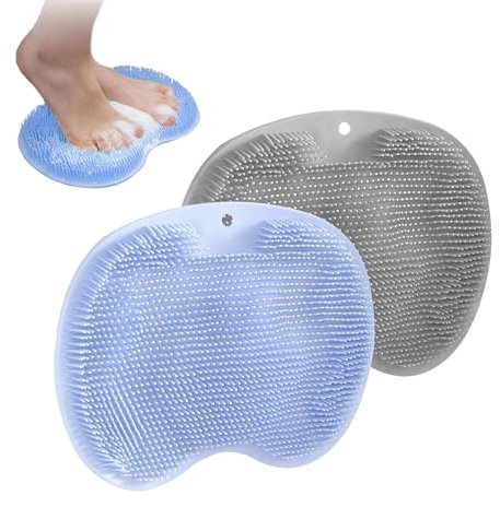 2 PCS Shower Foot Scrubber Mat, Non-Slip Foot Cleaner Massager for Bath, Hands-Free Silicone Foot Scrubber Mat for Elderly and Pregnant Women, Blue and Gray, 120 Grams