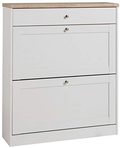 HEIDE Shoe Chest with 2 Flaps and 1 Drawer in White Sonoma Oak, 90 x 25 x 103 cm (W x D x H)