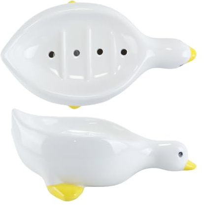 Durlo Niedliche Seifenschale aus Keramik in Form einer Ente – selbstentleerendes Design, für Dusche, Badezimmer, Badewanne, Küchenspüle