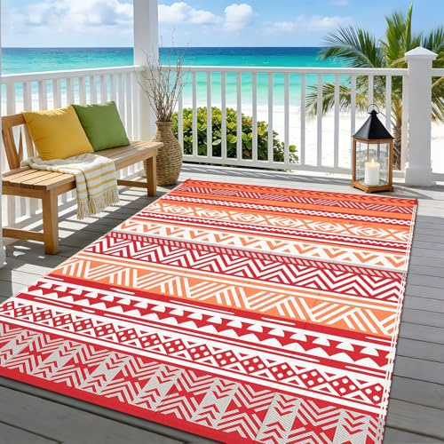Enyhom Outdoor Teppich Wetterfest, Wendbarer Bodenmatte Kunststoff Terrassenteppich Außenteppich UV-beständige RV Camping Balkon Teppich für Patio Strand BBQ Picknick Deck (Orange, 180 x 270 cm)