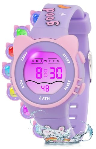 DTKID Digitale Kinderuhr Jungen Mädchen | 7-Farben-LED, Leicht zu lesenArmbanduhr Kinder mit Wecker, Stoppuhr, Datum, 5 ATM wasserdichte Outdoor Sportuhr Kinder Uhren