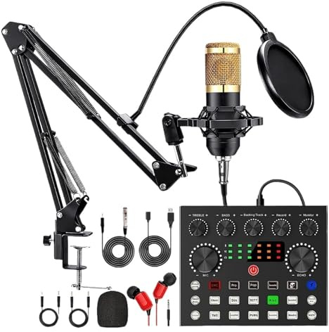 TRDEWR Podcast Equipment Bundle With BM800 Microphone And V8 Sound Card For Laptop Streaming/Live Broadcast Universal Compatibility(Gold)