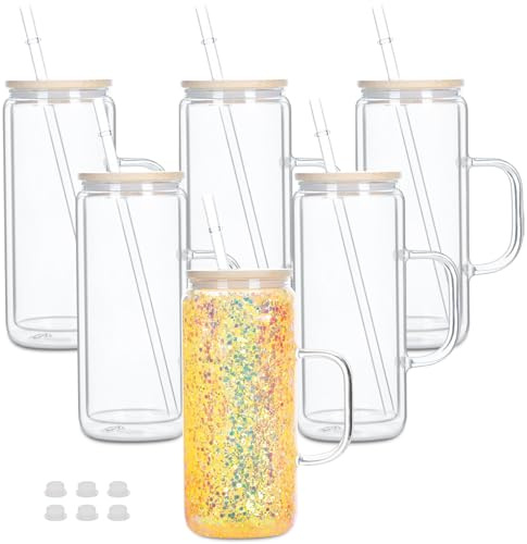20 OZ Glass Snow Globe Tumbler with Handle and Pre Drilled Hole, Double Wall Snowglobe Cups for Snow Globe Glitter DIY , （6 Pack）
