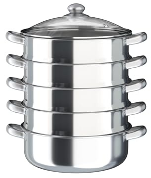 5-Stufige Edelstahl Dampfgarer, Dampftopf mit Glasdeckel, Dampfgarer mit Griffe, zum Dämpfen von Brot, Knödeln, Gemüse oder Fisch, für Alle Herdarten Geeignet (30cm)