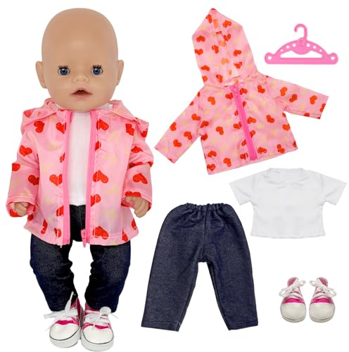 Zouonou Puppenkleidung 35–45 cm, 5 TLG Puppen Kleidung Set mit Rosa Herz Jacke, Hose, Weißes T-Shirt, Magenta Canvas Schuhe und Kleiderbügel, Puppen Outfit für 14–18 Zoll Puppen Zubehör
