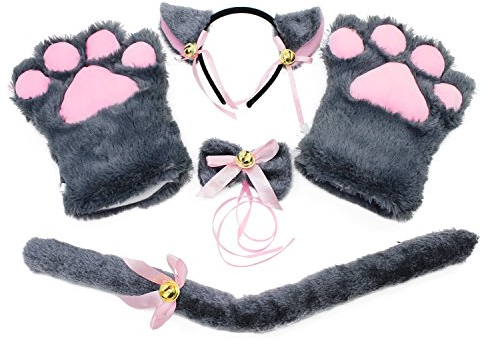 KEESIN Katze Cosplay Set, Katzenkostüm, Katzenpfoten-Handschuhe, Katzenohren, Katzenschwanz, Katzenkostüm Kinder, Katzenkostüm Damen für Karneval (Grau)