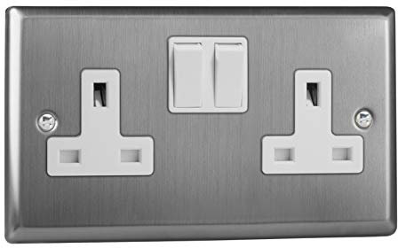 Varilight 2-Gang 13A Double Pole Switched Socket Brushed Steel
