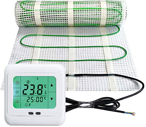 Elektrische Fußbodenheizung 200Watt je m² Thermostat Touch weiß Elektrisch TWIN Technologie JWS verschiedene Größen, Größe (m²):2 m²