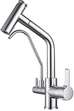 SJQKA Grifo Cocina Osmosis Extraible, Grifo De Cocina Ósmosis Con 3 Vías,360° Giratorio Grifo Para Fregadero Cobre Grifo Monomando Para Agua Fría Y Caliente (negro) (cromado)