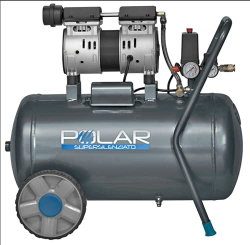 Compressore d’aria Polar silenziato oil-less 59dB – serbatoio 50l – pressione 8 bar – potenza motore 1,0hp – doppio manometro – ruote maggiorate e doppio appoggio frontale