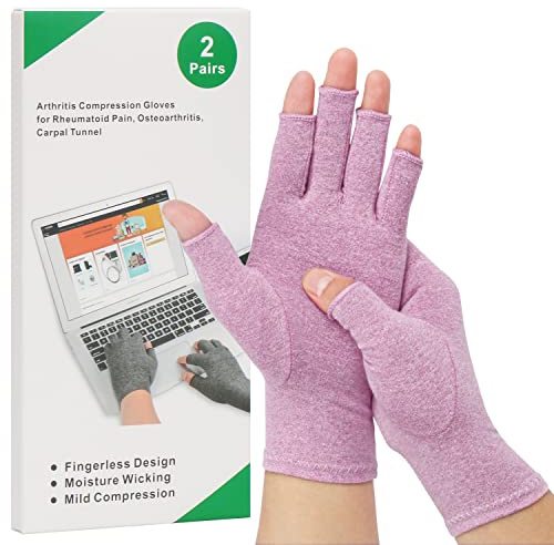 2-Paar Arthritis-Kompressionshandschuhe zur Linderung von rheumatoider Osteoarthritis, Muskelverspannungen lindern, fingerlos, atmungsaktiv & feuchtigkeitsregulierend, Frauen und Männer (Lila, M)