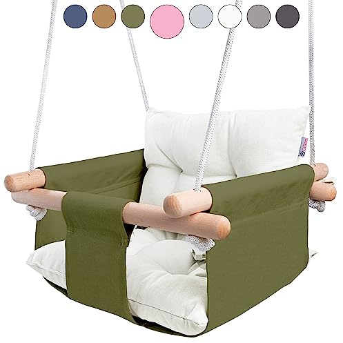 CaTeam - Columpio de Lona para bebé, Silla de Columpio Colgante de Madera con cinturón de Seguridad, Silla de Hamaca Duradera para bebé, Columpio para Exteriores e Interiores para niños, Verde