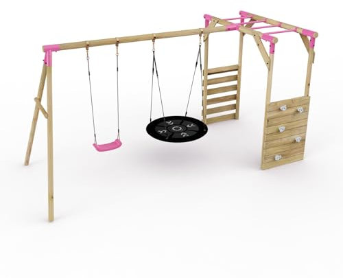 Rebo® Wooden Garden Children's Swing Set with Monkey Bar Attachment - Meteorite Pink | OutdoorToys | Kids' Outdoor Wooden Play Equipment for Gardens, Frame and Accessories Included, Weather Resistant