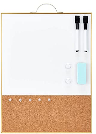 TSJ OFFICE Small Combination Board - 16 X 12 Portable Aluminum Gold Framed Magnetic Dry Erase Board for Wall, Small Bulletin Cork Board with Holder for Office, Home and School