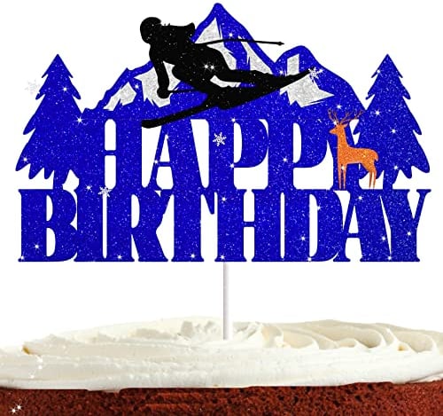 Skiing Silhouette Cake Topper for Men Women Skiers Snowboard Cake Decor Winter Sport Play Ski Snow Party Supplies Blue Glitter Ski Happy Birthday Cake Decorations