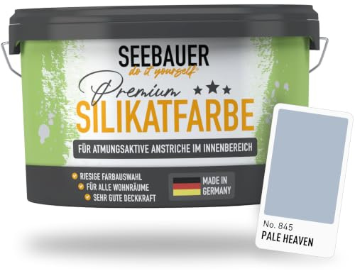 SEEBAUER diy Silikatfarbe Blau 10L für Innen (No. 845 Pale Heaven) Atmungsaktive Mineralfarbe für Allergiker - Abwaschbare Wandfarbe - Blautöne hohe Deckkraft