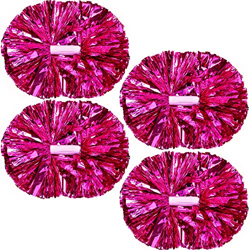 PUZINE Cheerleading-Pompons, Metallic-Cheer-Pompons mit Trainings-Taktstock-Griff für Team-Sport-Spirit-Squad-Bulk-Cheerleader, 4 Stück (Hot Pink)