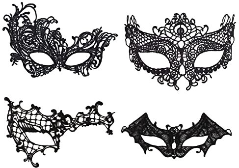 AIBAOBAO 4 Stück Venezianische Maske Damen, Maskenball Sexy, Spitze Maske, Masquerade Mask, Masken Kostüm Damen, Schwarze Augenmaske Spitze für Karneval Halloween Abendkleid Tanz Ball Party