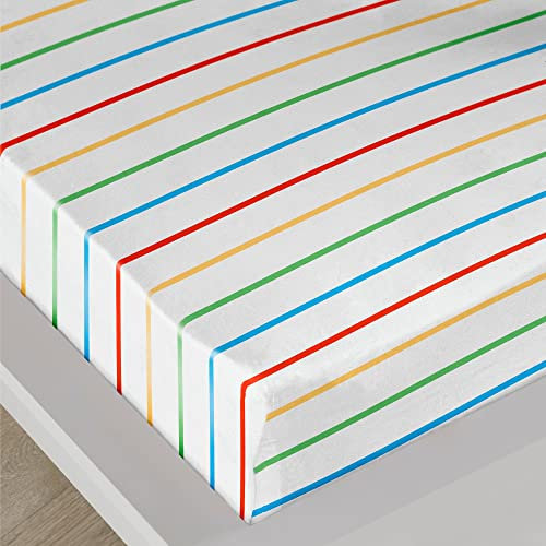 Bedlam - Regenbogen gestreiftes Bettlaken – Spannbettlaken für Einzelbett (190 x 90 x 28 cm) – Regenbogen-Bettwäsche – Mehrfarbig gestreiftes Bettlaken in Weiß – Einzel-Spannbetttuch mit Streifen –