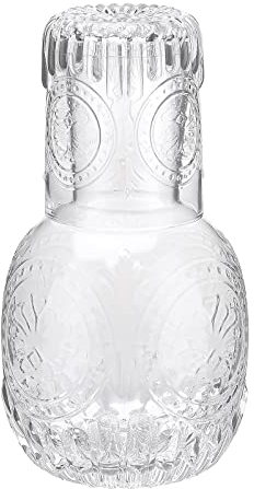 1l Bedside Water Carafe with Glass Set, Vintage Nightstand Bedside Carafe Pitcher and Cup Thicked Glass Mouthwash Decanter for Bathroom Night Glass Water Pitcher Set, Small Water Carafe(Clear)