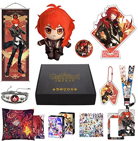 MOTAO Genshin Impact Box Diluc Merch Set - Plüschpuppe, Poster, Kissenbezug, Standfigur, Armband, Abzeichen, Schlüsselanhänger, Kartenhalter, 30 Lomo Karten, 50 Aufkleber (Diluc)