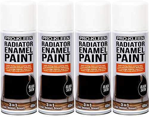 Pro-Kleen Radiator Enamel Spray Paint Black Satin 4 x 400ml - Heat Resistant up to 100ºC - For Radiators, Hot Pipes, Water Tanks & More - Fast Drying & No Primer Needed