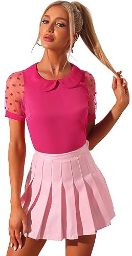 Allegra K Chemisier à Manches Courtes et col Rond pour Femmes, col Claudine, à Pois Vintage Halloween déguisement Rose Vif L