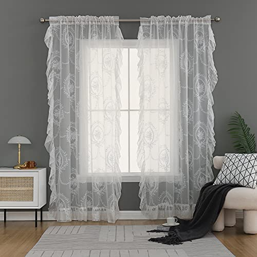 Ricemru Spitze Vorhange Transparent Weiß Vintage Barock Blumen Rüschengardinen Gardinen Vorhang Durchsichtig Fenstervorhang für Wohnzimmer Schlafzimmer,2 Stück 132x160