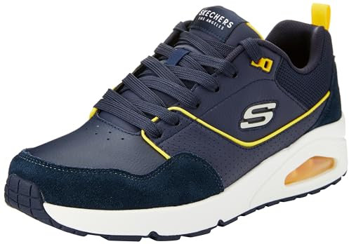 Skechers Men's Uno Retro One Sneaker, Navy Leather/Suede/Yellow Mesh, 6.5 UK