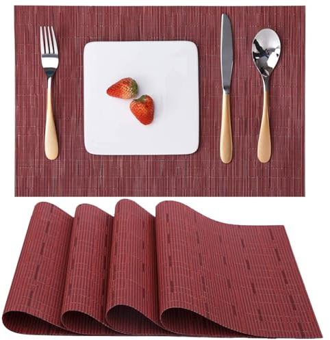 Myir JUN Tischsets Abwaschbar 4er Set, Gewebte Platzdeckchen rutschfest Abgrifffeste Hitzebeständig, Vinyl Platzsets Abwaschbar für küche Speisetisch Hotel, Platz-Matten30x43.5cm (Rot)