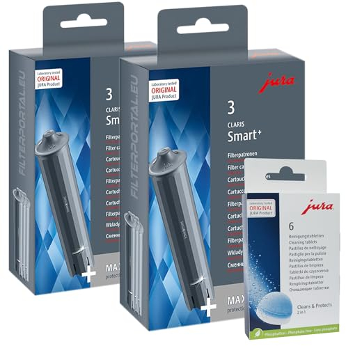 Jura 24233 Claris Filterpatrone Smart+ | Smart Plus (2 x 3er-Pack) inkl. 3-Phasen-Reinigungstabletten - Entkalkungstabletten Jura 24225 (1 x 6er-Pack)