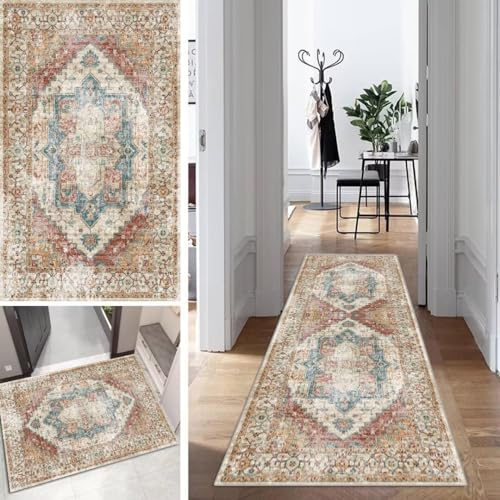 Boho Läufer Teppich Flur Lang Vintage Klassisch TeppichLäufer rutschfest Waschbar 80x500cm Dauerhaft Läuferteppich KüchenLäufer Korridor Polyester Anpassbar Meterware