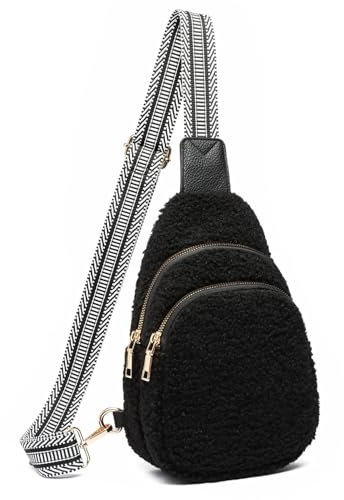 HAWILL® Kleine Umhängetasche Damen Bauchtasche Stylische Sling Bag Weich Teddy Tasche Damen Brusttasche zum Umhängen Plüsch Tasche für Reisen, Sport, Arbeit (Schwarz)