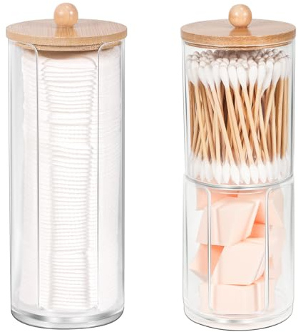 Annhua Cotton Pad Holder 3 Pcs, Clear Bathroom Jars with Bamboo Lids | Clear PS jar, bamboo lids with round ball, U-shaped opening, stackable design, fits makeup pads, swabs, floss, and hair ties