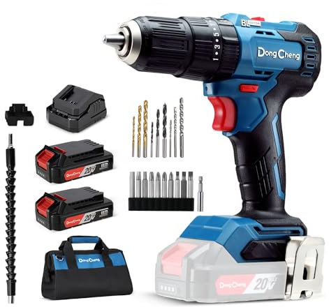 Dong Cheng Taladro de martillo sin escobillas de 20 V máximo, kit de taladro de impacto inalámbrico de 1/2 pulgada 20 V (dos baterías)