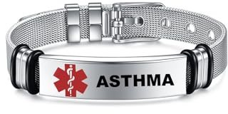AITENME Medical Armband für Damen Männer Armreif,Personalisierte Medizinische Alert ID Notfallarmband Medizinisch Damen Uhrenarmband，Medizinischer Armband aus Edelstahl (ASTHMA)