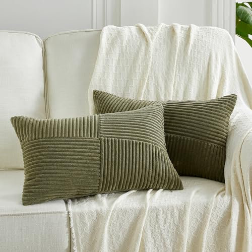 FDTERN 2er Set Olivgrün Boho Dekorativ Kissenbezug 30x50 mit Diagonales Gestreiftes Muster Weich Kordsamt Kissenhülle Sofakissen Dekokissen Deko für Sofa Schlafzimmer Wohnzimmer