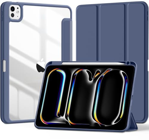 Maledan Funda Transparente para iPad Pro 11 Pulgadas 2024 M4 con Portalápices, Trasera PC Clara Cubierta Flexible de TPU Auto Activación/Reposo, Soporta Apple Pencil Pro/USB-C, Gris Azulado