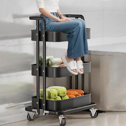 CHZDPP Imbissständer Mobiles Lebensmittelregal aus Kohlenstoffstahl mit Universalrad, 3/4 Tier große Kapazität Supermarkt Süßigkeiten Rack, Obst-Gemüse-Regal für Spielzeug/Bücher(Black,S)