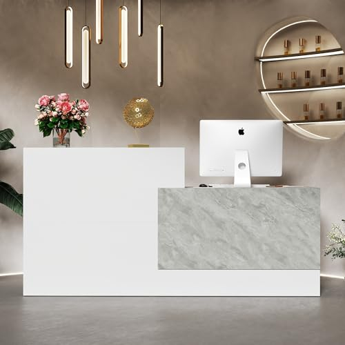 Große Empfangstheke, Empfangstresen, Bürotheke, Rezeptionstisch, Empfangstheke mit 4 offenen Ablagefächern, Empfangstheken, Empfangstheke mit Sichtschutz, Weiß + Steinmuster, 220 x 60 x 110 cm