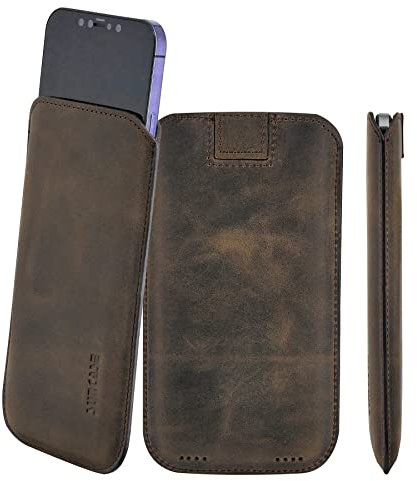 Suncase Original Leder Etui kompatibel mit iPhone 16 (6,1 Zoll) Hülle Tasche Ultra Slim Ledertasche Schutzhülle Case (mit Rückzuglasche) in antik braun