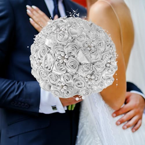 M METERXITY Brautsträuße für die Braut, künstlicher Rosenstrauß für Hochzeit/Braut/Brautjungfer, Wurfsträuße runder Hochzeitsstrauß [Grau]