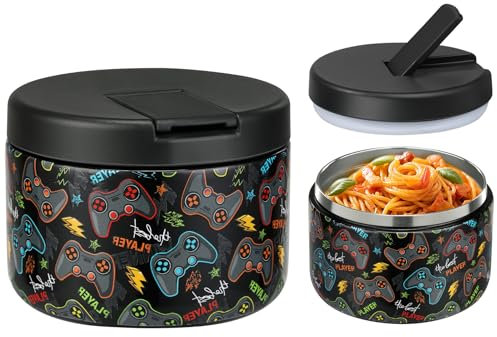 Itslife Thermobehälter für Essen 350ml Edelstahl Warmhaltebebehälter, Kinder auslaufsicherer Lunchbehälter mit Schnallenabdeckung, Weithals, Isolierung, geeignet für kaltes&heißes Essen SchwarzGamepad