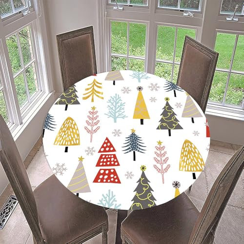 Morbuy Tovaglia Rotondo in Poliestere con Bordo Elastico, Stampa Tovaglie da Tavola Tovaglia per Salotto Pranzo Giardino Decorazione -Albero di Natale (200cm,Bianco)