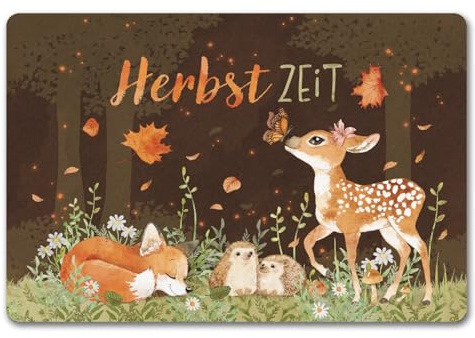 speecheese Tier des Waldes Fußmatte in 40x60 cm ohne Rand mit Spruch Herbstzeit EIN bunter Türvorleger mit Fuchs Igel und REH für Naturfreunde Motiv Frauen Geburtstag Herbst Fußabtreter