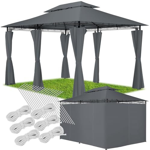 tectake® Luxus Pavillon 3x4, Gartenpavillon mit 6 Seitenteilen, wasserabweisend und UV-beständig, abgesetztes Dach, Pavillon inkl. Spannseile und Heringe, Partyzelt für Garten und Terrasse - anthrazit