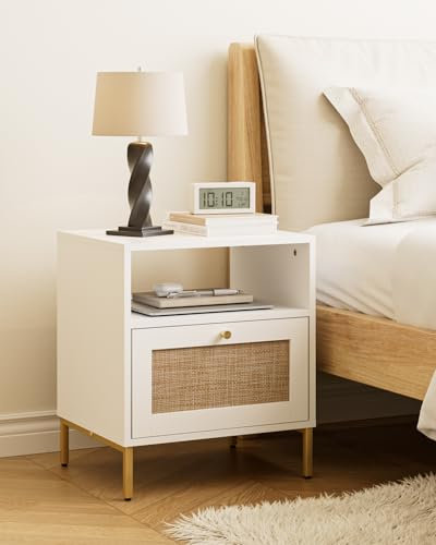 Apetaccat Rattan Nachttisch, Holz Nachttisch Weiß, Boho Nachtschrank mit Schublade und offenem Regal,47x39x54cm,für Schlafzimmer,Wohnzimmer