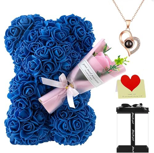 Rose Bear Gift, 10 Inch Artificial Flower Rose Teddy Bear Holding a Bouquet with Gift Box, for Anniversary, Christmas, Wedding, Birthday, Romantic Gift for Her (Royal)